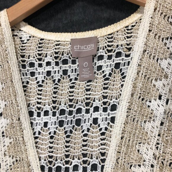 Chicos Size 0 Duster Women's Tan Vest Crochet‎ Open Front Sleeveless Fringe - Picture 4 of 5